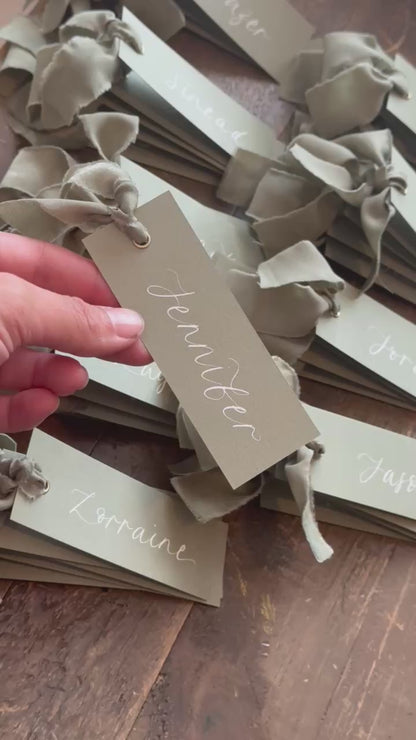 EUCALYPTUS Place Card Chiffon Ribbon | Calligraphy Wedding Place Name Card | Gold or Silver Eyelet