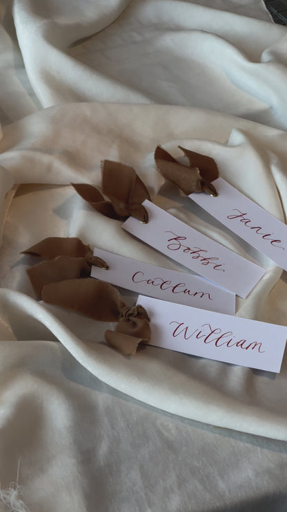 MOCHA Chiffon Ribbon Calligraphy Place Name Card | White Calligraphy Wedding Place Name Card | Gold or Silver Eyelet
