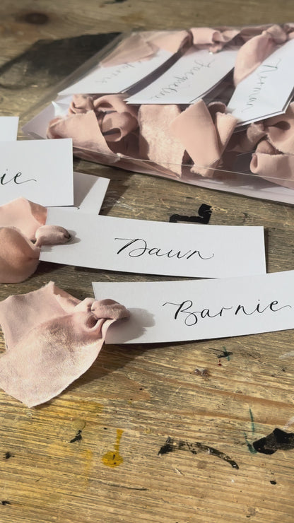 White Blush Chiffon Wedding Place Cards with Ribbon | Pink Calligraphy Place Cards
