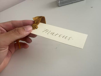 IVORY + GOLD Satin Ribbon Calligraphy Place Name Card | Calligraphy Wedding Place Name Card | Gold or Silver Eyelet