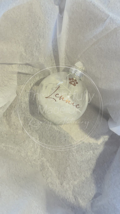Personalised White Feather Paw Memorial Bauble: Dog, Cat, Pet Glass Remembrance Ornament