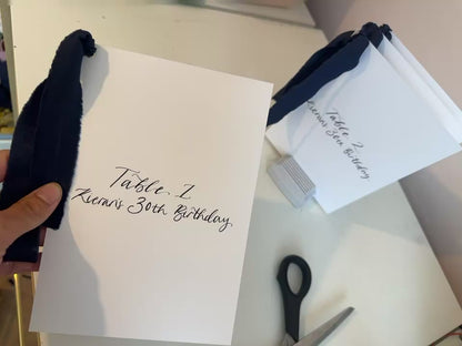 White Custom Ribbon Calligraphy Table Name & Number  | Personalised Wedding A5 A6 Sign