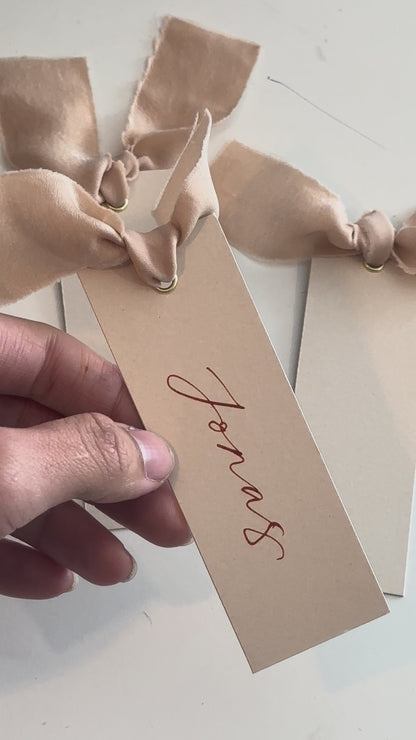 Nude Chiffon Wedding Place Cards with Ribbon | Beige Calligraphy Place Cards
