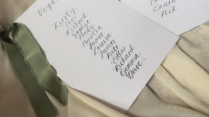 EUCALYPTUS Chiffon Ribbon Calligraphy Wedding A5 Table Plan Card | White Card Hand Written Calligraphy Table Plan Card | Mirror Table Plan Cards | DIY Table Plan Card