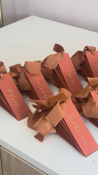 Ochre Chiffon Wedding Place Cards with Ribbon | Orange Calligraphy Place Cards