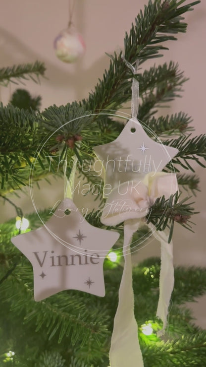 Personalised Name Heart Christmas Ornament: Ceramic, Star or Frosted Glass Bauble [Son Daughter Christmas Keepsake Star Heart Tree Decoration]