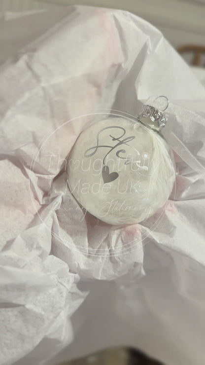 Personalised Name Christmas Ornament: White Feather Glass Bauble [Custom Name Son Daughter Secret Santa]