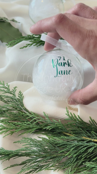 Personalised New Home Bauble: Glass White Feather Ornament [Moving House Engagement Wedding Gift Proposal]