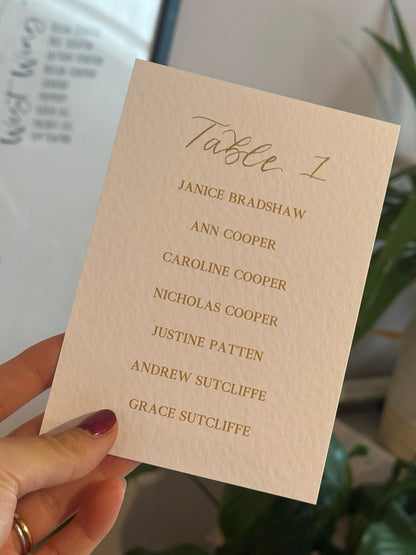 Close-up of a personalised table plan card in warm-toned card
