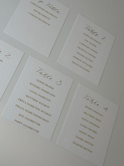 Four personalised wedding table plan cards arranged together