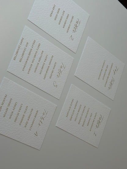 Flat lay of personalised wedding table plan cards