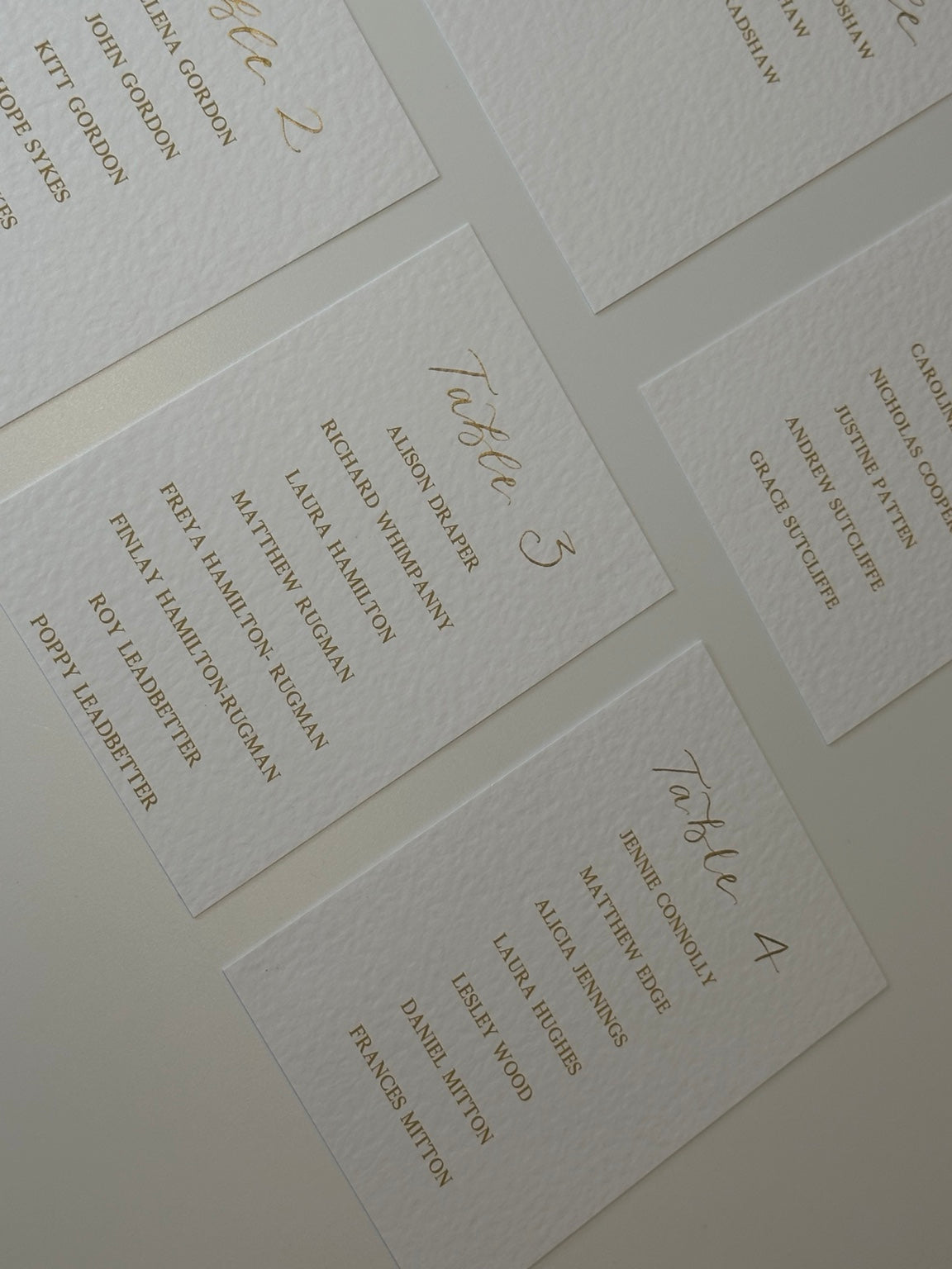 Close-up flat lay of printed guest names on table plan cards