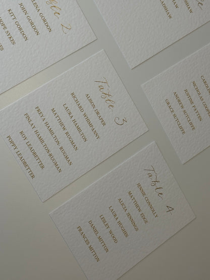 Close-up flat lay of printed guest names on table plan cards