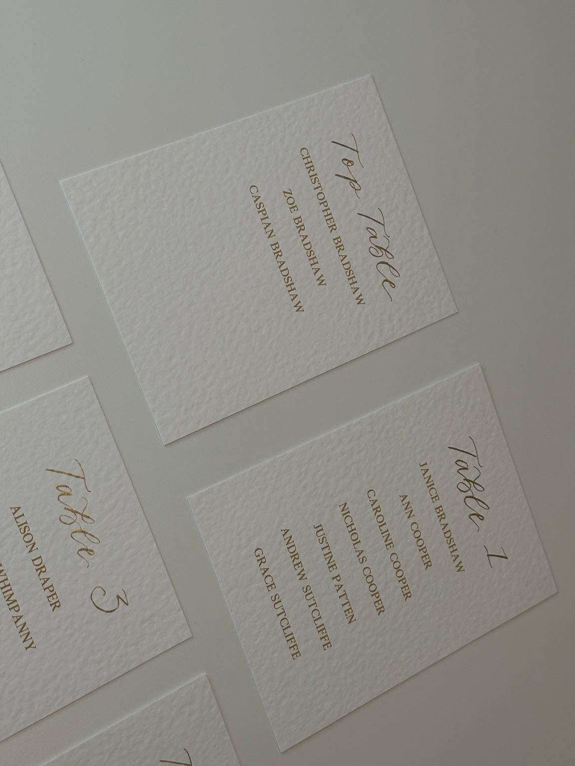 Flat lay showing handwritten table headings and printed guest names