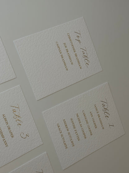 Flat lay showing handwritten table headings and printed guest names