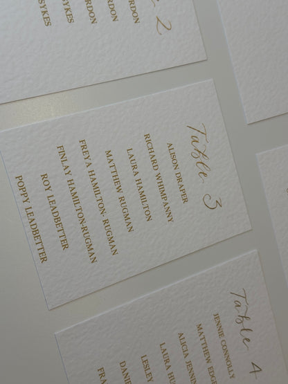 Detail of personalised table plan cards on textured card