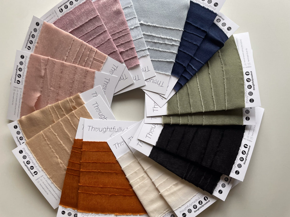 Thoughtfully Made UK chiffon ribbon colour swatches displayed in a fan of colours