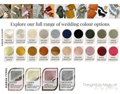 Thoughtfully Made UK 2026 ribbon colour and material swatch guide showing chiffon, satin, organza and linen colours