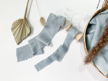Wedding Silk Ribbon Wedding Satin Ribbon Raw Edge Ribbon Hand Torn Ribbon Place Card Ribbon Silky Ribbon Sandwashed Ribbon Dusky Blue Ribbon Pale Blue Ribbon Light Blue Ribbon Bouquet Ribbon Wedding Bouquet Chiffon Ribbon