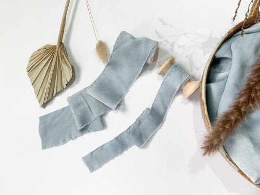 Wedding Silk Ribbon Wedding Satin Ribbon Raw Edge Ribbon Hand Torn Ribbon Place Card Ribbon Silky Ribbon Sandwashed Ribbon Dusky Blue Ribbon Pale Blue Ribbon Light Blue Ribbon Bouquet Ribbon Wedding Bouquet Chiffon Ribbon