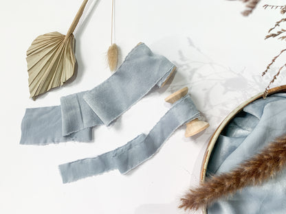 Wedding Silk Ribbon Wedding Satin Ribbon Raw Edge Ribbon Hand Torn Ribbon Place Card Ribbon Silky Ribbon Sandwashed Ribbon Dusky Blue Ribbon Pale Blue Ribbon Light Blue Ribbon Bouquet Ribbon Wedding Bouquet Chiffon Ribbon
