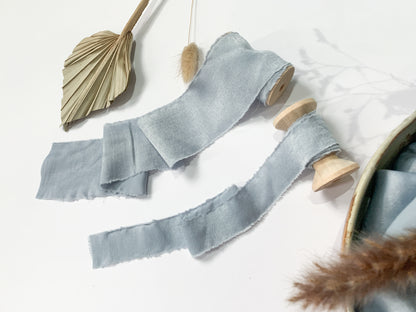 Wedding Silk Ribbon Wedding Satin Ribbon Raw Edge Ribbon Hand Torn Ribbon Place Card Ribbon Silky Ribbon Sandwashed Ribbon Dusky Blue Ribbon Pale Blue Ribbon Light Blue Ribbon Bouquet Ribbon Wedding Bouquet Chiffon Ribbon