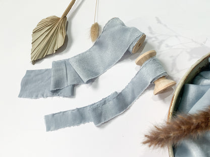 Wedding Silk Ribbon Wedding Satin Ribbon Raw Edge Ribbon Hand Torn Ribbon Place Card Ribbon Silky Ribbon Sandwashed Ribbon Dusky Blue Ribbon Pale Blue Ribbon Light Blue Ribbon Bouquet Ribbon Wedding Bouquet Chiffon Ribbon