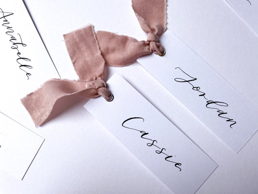 White Card with Blush Chiffon | Calligraphy Wedding Place Name Card | Gold or Silver Eyelet