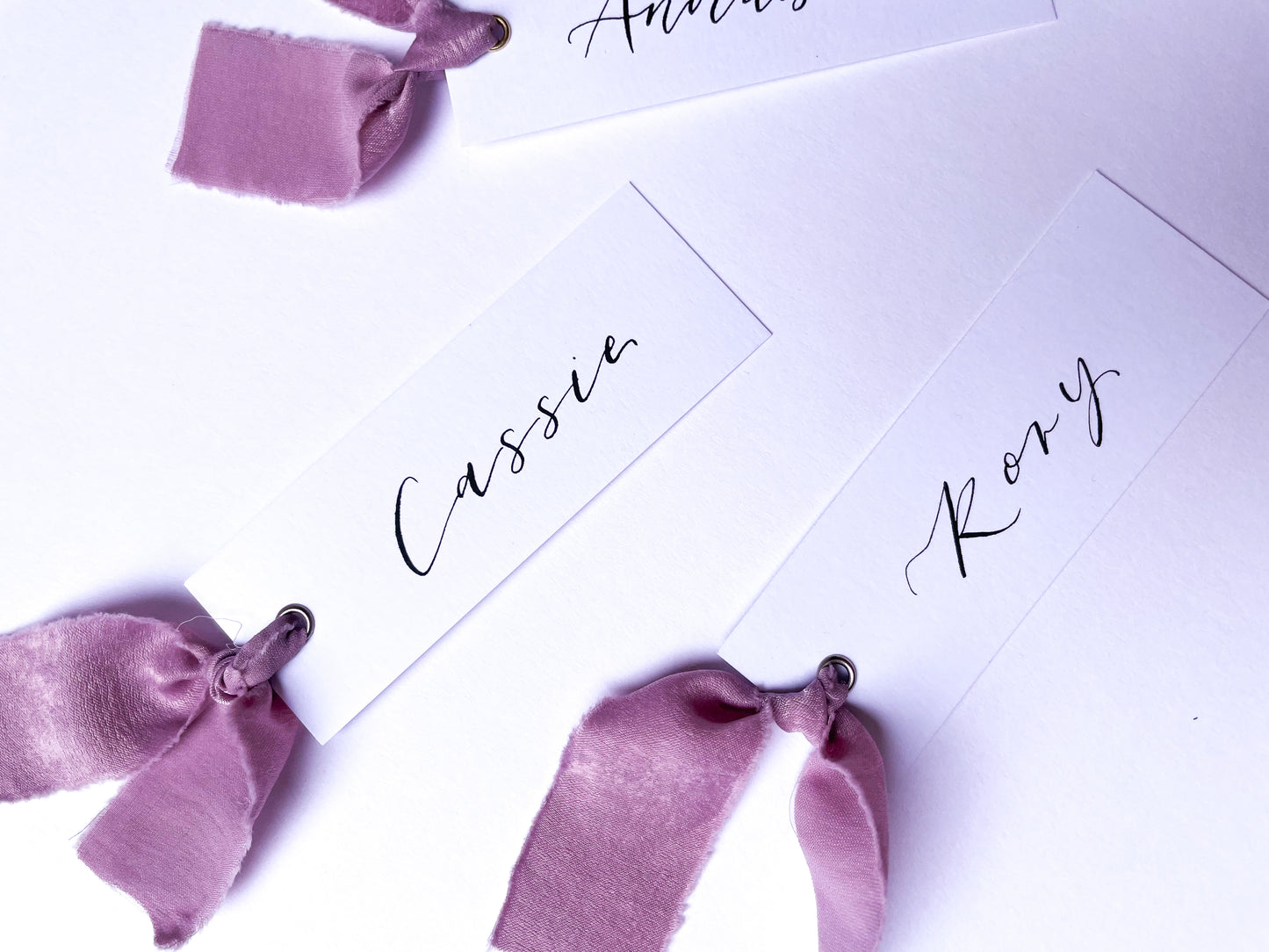 White Card with Lilac Chiffon | Calligraphy Wedding Place Name Card | Gold or Silver Eyelet