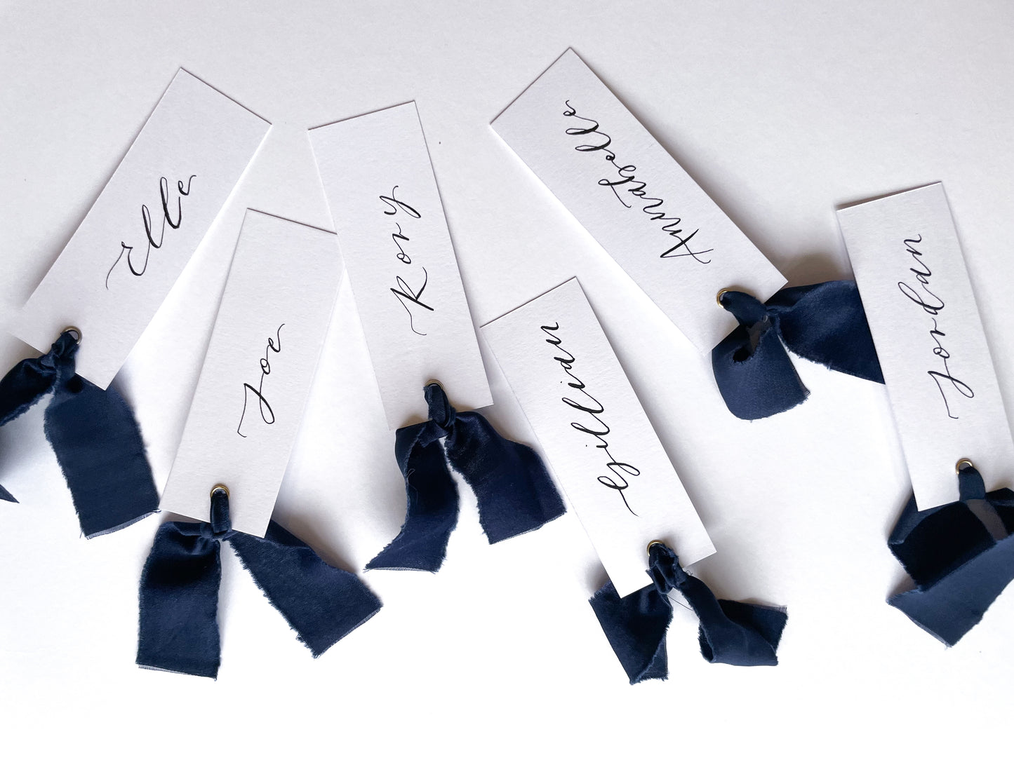 White Card with Navy Chiffon | Calligraphy Wedding Place Name Card | Gold or Silver Eyelet