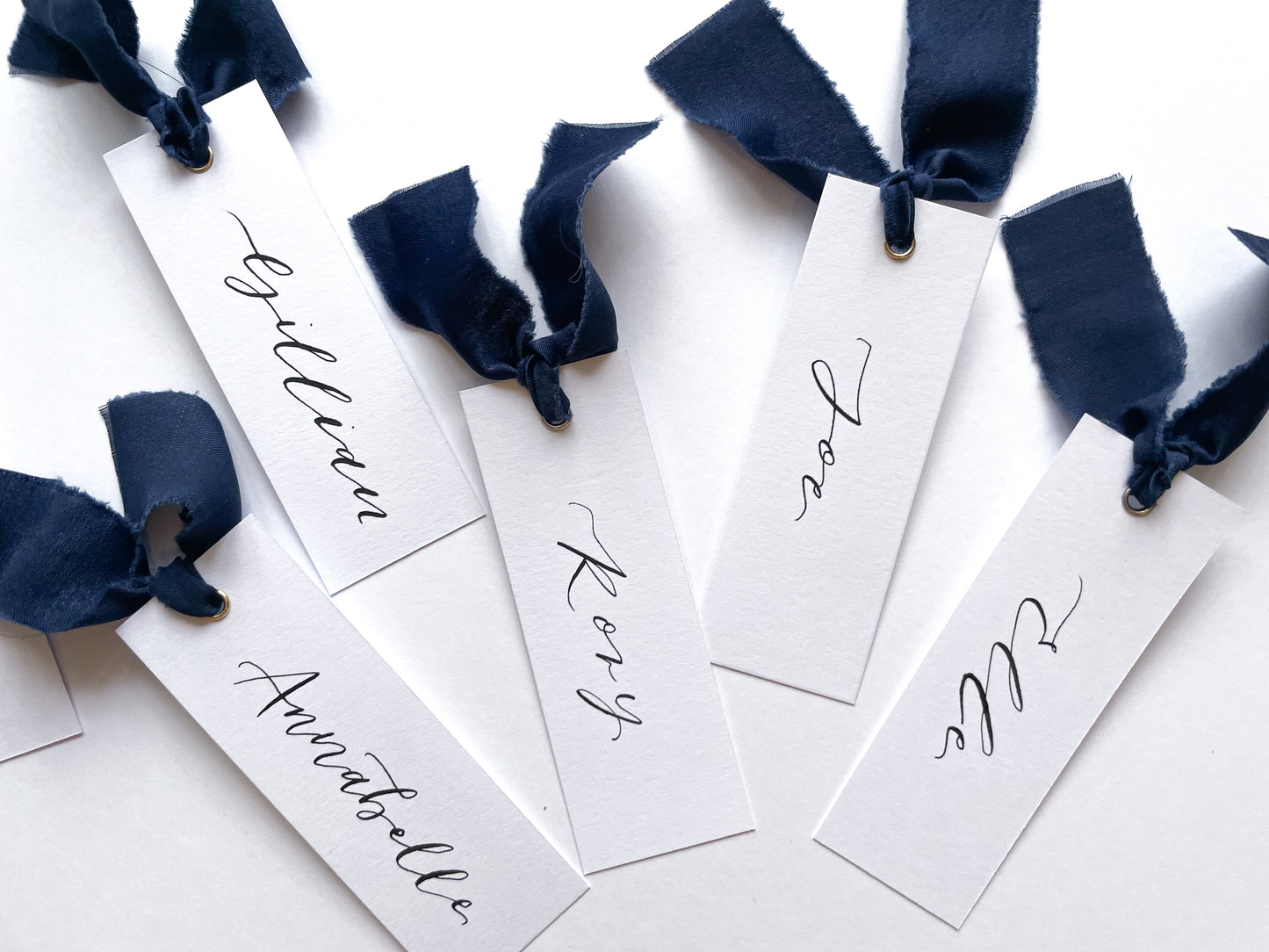 White Card with Navy Chiffon | Calligraphy Wedding Place Name Card | Gold or Silver Eyelet