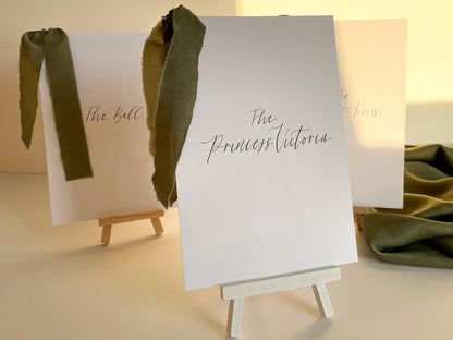 Ribbon Calligraphy Table Number / Table Name Card | A5 A6 Calligraphy Wedding Table Number / Table Name Card | Gold or Silver Eyelet