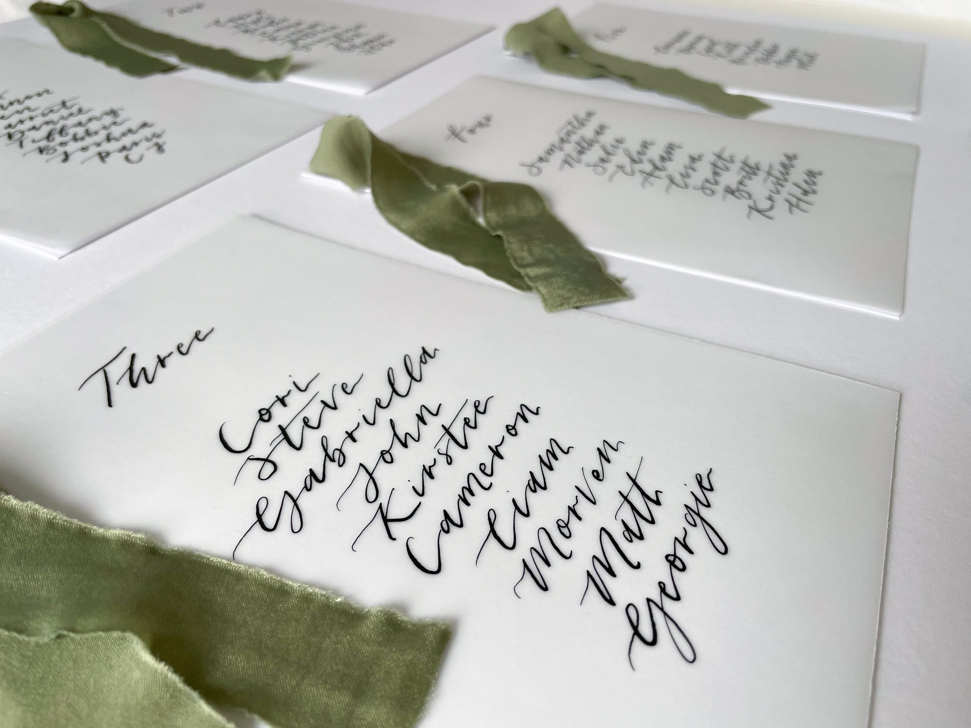 vellum Table plan card with chiffon ribbon , modern calligraphy, calligraphy table plan, vellum table plan, handwritten table plan card, modern table plan, traditional table plan, modern wedding decor, chiffon table plan, ribbon table plan, eucalyptus, sage, green, forest green, 