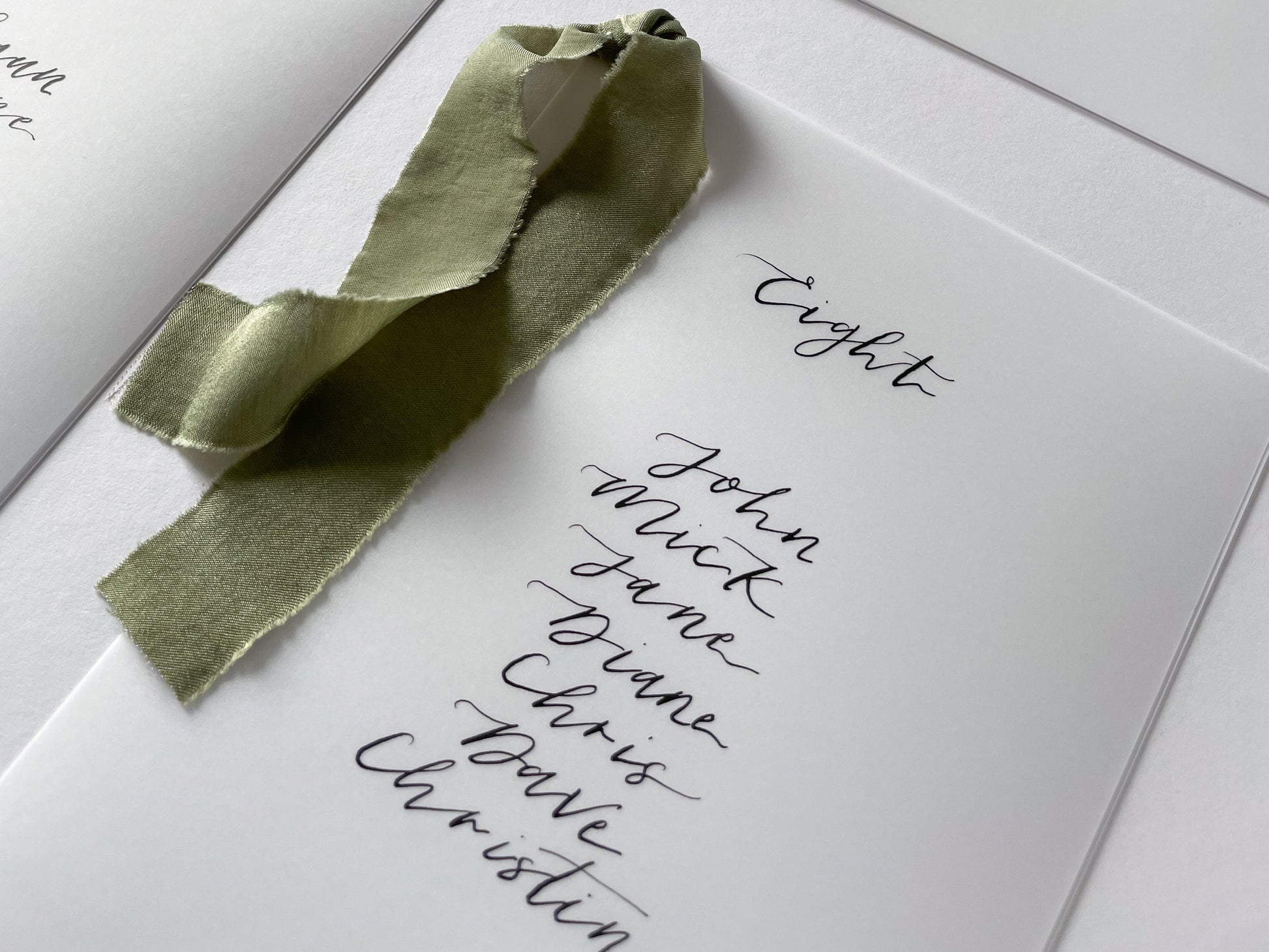 vellum Table plan card with chiffon ribbon , modern calligraphy, calligraphy table plan, vellum table plan, handwritten table plan card, modern table plan, traditional table plan, modern wedding decor, chiffon table plan, ribbon table plan, eucalyptus, sage, green, forest green, 