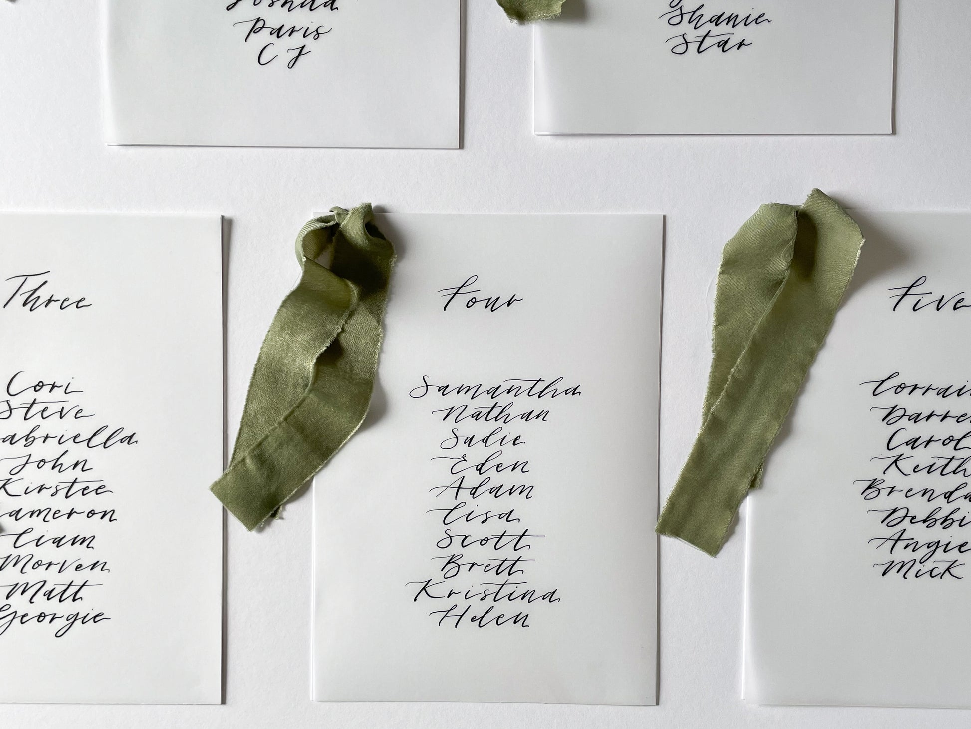 vellum Table plan card with chiffon ribbon , modern calligraphy, calligraphy table plan, vellum table plan, handwritten table plan card, modern table plan, traditional table plan, modern wedding decor, chiffon table plan, ribbon table plan, eucalyptus, sage, green, forest green, 
